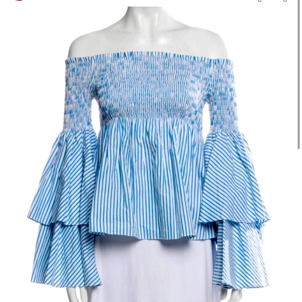 CAROLINE CONSTAS Off Shoulder Smocked Tiered Bell Sleeves Blouse